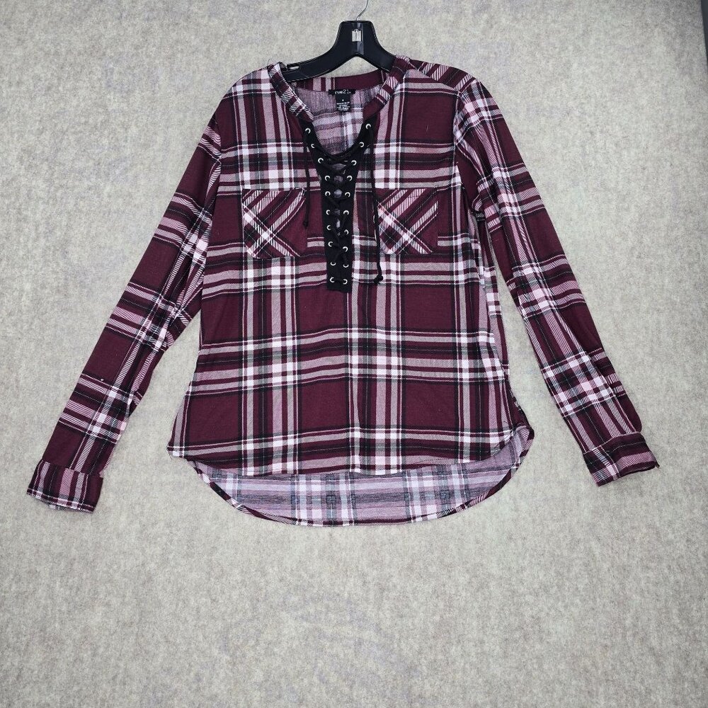 Rue21 Womens Lace-Up Burgundy Plaid Long Sleeve Top Size Small Polyester